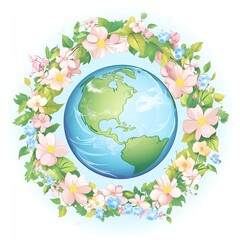 Colorful illustration of Earth surrounded by a vibrant flower wreath.
