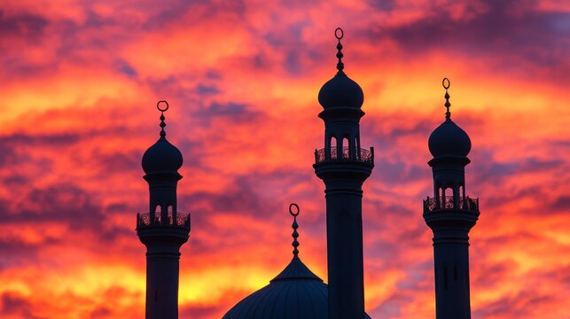 Mosque Minarets Silhouette Against Vibrant Sunset Sky