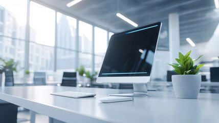 Sleek Futuristic Tech Workspace. Transparent screens & holograms.  Cutting-edge IT office design. Ideal for tech & corporate marketing