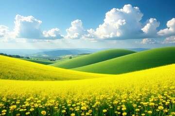 Obraz premium Rolling hills of bright yellow rapeseed, dramatic cloudscape above , golden, spring, clouds