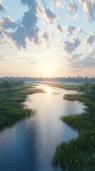 Obraz premium Tranquil river reflection lush wetlands nature scene sunrise aerial view softlit wildlife habitats