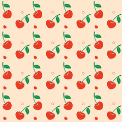 Valentine seamless pattern of cherries and green leaves in bright red on beige background, perfect for gift wrapping, fabric, and wallpapers