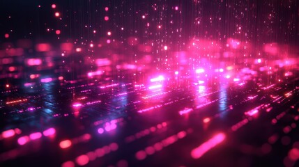 Obraz premium Binary data falling like rain, over a background of an illuminated futuristic interface with glowing digital