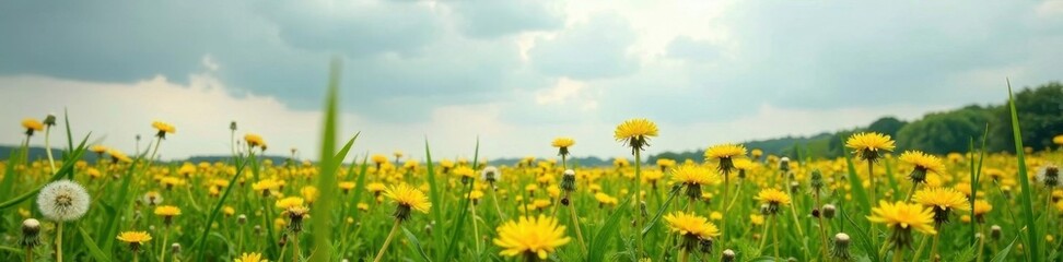 Fototapeta premium Overcast sky, dense dandelion field, fluffy seed heads , seeds, plant, clouds