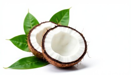 Halved coconut with green leaves, isolated on white , vibrant, coconut