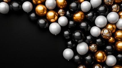 A dynamic composition of black, gold, and white balloons on a black background, creating a dramatic and festive atmosphere for Black Friday.