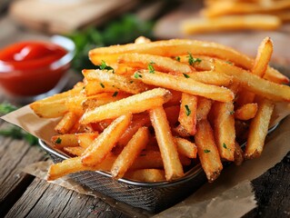 Crispy french fries in metal basket with ketchup rustic kitchen food natural lighting mouthwatering concept