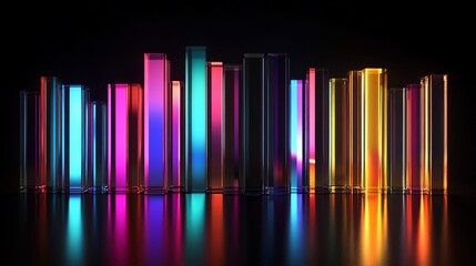Obraz premium A vibrant display of colorful glass structures reflecting light in a dark setting.