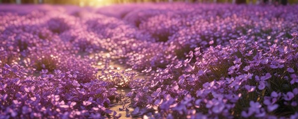 golden light illuminates rows of delicate purple petals, floral fields, field of lavender