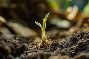 A close-up of a sprout emerging from dry, parched soil, with its roots deeply embedded in the cracked ground, showing perseverance.