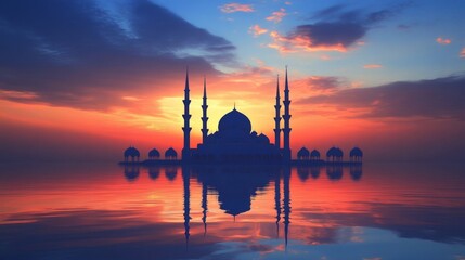 Fototapeta premium Majestic Mosque Silhouette at Sunset Over Calm Waters