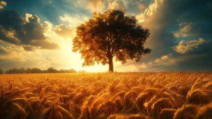 Lone tree in golden wheat field at sunset, dramatic sky.