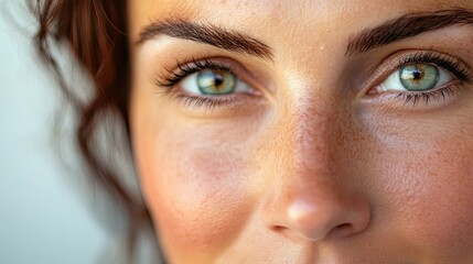 Fototapeta premium Freckled Face, Captivating Green Eyes: A Close-Up Portrait