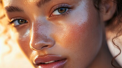 Sun-Kissed Radiance: Close-up Portrait of a Woman with Glowing Skin