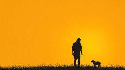 Missing Lamb Found: Shepherd Jesus Christ Silhouette Cares for Flock - Copy Space Banner