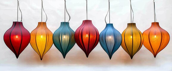Colorful pendant lights illuminate a room with their unique teardrop shape and vibrant hues.