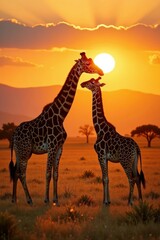 Obraz premium Giraffe feeding at sunrise, Kruger's golden light , sun, wild, ruminant