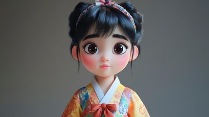 Adorable 3D Render of a Young Girl in Traditional Korean Hanbok Dress