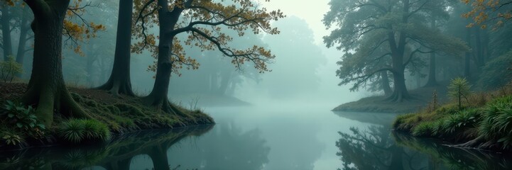 Fototapeta premium Ancient woods, still water, swirling fog obscures distant trees , ecology, autumn