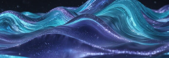 Obraz premium Iridescent wave pattern in shades of blue and cyan with glitter accents and a futuristic feel, metallic, iridescent, wave