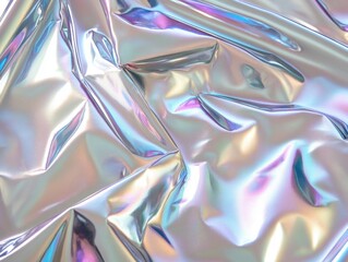 Obraz premium Shiny, reflective surface with a rainbow-like effect. The surface is made of a shiny material, and it is a piece of fabric or paper. The image has a dreamy, ethereal quality to it