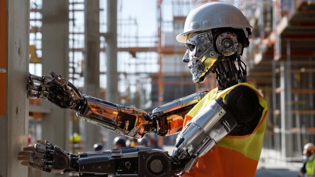 Advanced humanoid robot in a hard hat and safety vest inspecting a construction site, symbolizing the future of AI and robotics in the building industry. Video made using Generative AI.