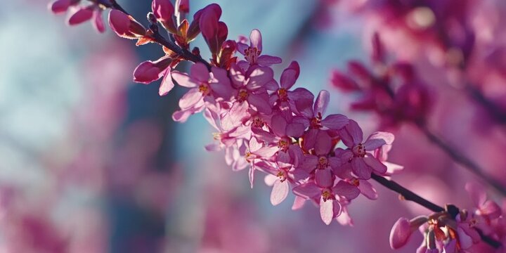 Branch of pink flowers with a blue sky in the background. The flowers are in full bloom and the sky is clear and bright