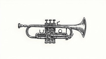 Obraz premium Hand-drawn trumpet illustration, white background, musical instrument, design element, jazz music