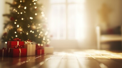 A festive, blurred Christmas tree and gift backdrop, with ample copy space for holiday designs or product mockups.
