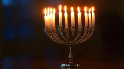 Beautiful candle holder with many lit candles is placed on a table. The candles are evenly spaced and the holder is made of metal, giving it a sophisticated and elegant appearance