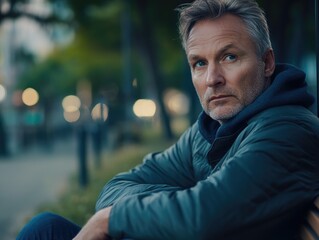 Fototapeta premium Man is sitting on a bench in a park. He is wearing a black jacket and a blue scarf. The man is looking at the camera with a serious expression