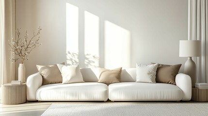 Fototapeta premium Serene Minimalist Living Room: Sunlit Sofa with Neutral Tones