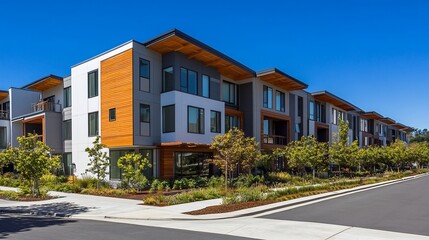 Obraz premium Modern apartment complex on a sunny day.