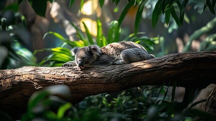 Fototapeta premium Sleeping koala on a tree branch in lush greenery.