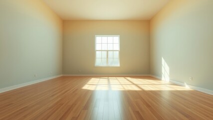 Fototapeta premium Sunlight streams through a single window illuminating an empty room with light-toned walls and a wood floor