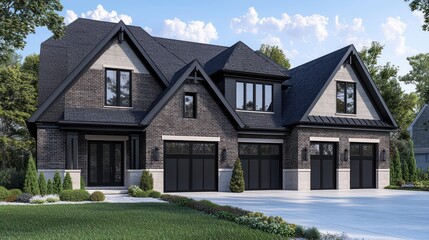 Contemporary house, dark brick, gray siding, black garage doors.