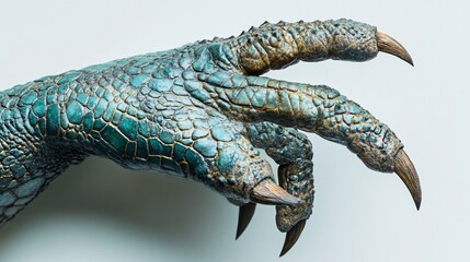 Fototapeta premium Close-up of a teal, scaly, clawed hand against a white background.