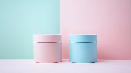 Pastel Pink and Blue Cylindrical Containers on a Two-Tone Background