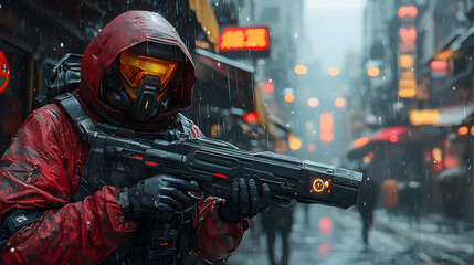 Futuristic soldier in red hooded raincoat with weapon in rainy city.