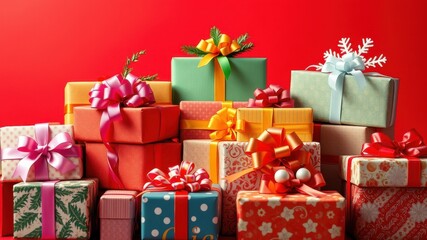 A Festive Collection of Wrapped Gifts, Featuring Colorful Ribbons and Bows, Arranged in a Towering Display Against a Vibrant Red Background