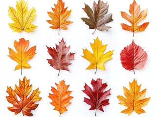 Collection of autumn leaves are shown in various shades of orange and red. The leaves are arranged in a grid pattern, with some overlapping and others standing alone. Scene is warm and inviting