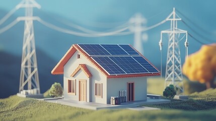 Obraz premium Eco-Friendly House Model with Solar Panels and Power Lines