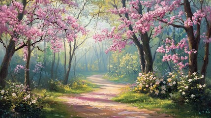 Serene path through a blooming spring forest with pink and white flowers.