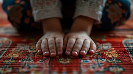 Naklejka premium Child Praying Hands on Ornate Carpet