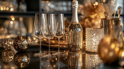 Elegant champagne bottle and glasses on a table with candles and decorations.