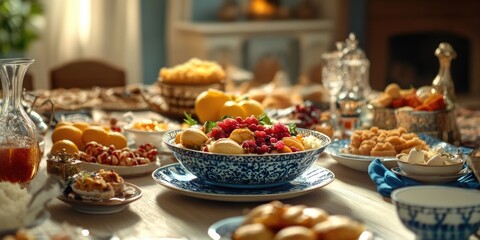 Table is set with a variety of food, including a blue bowl of fruit. The table is set for a large gathering, and the mood is festive and inviting