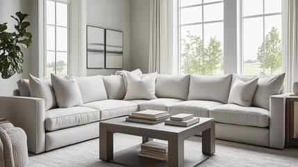Bright Minimalist Living Room with White Sofa and Wooden Coffee Table