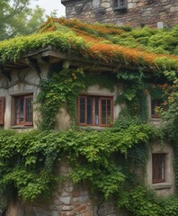 Moss-covered roof tiles on an old building with ivy crawling up the walls, weathering, vines