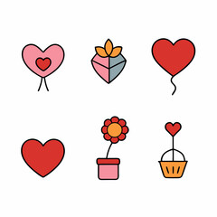 set of valentine gift (heart, gift box, rose, chocolate, candle, ice cream) vector icon illustration on white background.