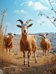 Obraz premium Three goats standing in a field with a cloudy sky in the background. The goats are brown and white